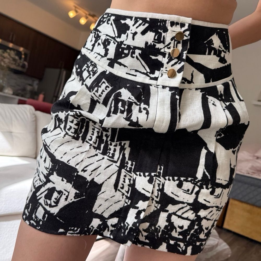 Tory Burch Black White Graphic Print Linen Mini Skirt Size 2